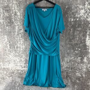 Roamans Plus Size 22W Drape Faux Wrap Midi Dress Blue Short Sleeve Party V Neck